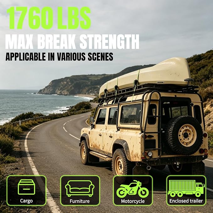 Retractable Ratchet Straps, 4-Pack, 1 Inch x 12 Feet Heavy Duty Tie Downs, 1760lb Break Strength, Self Retracting for Truck, Cargo, Trailer, Motorcycle, ATV, UTV (Green, 8pack)