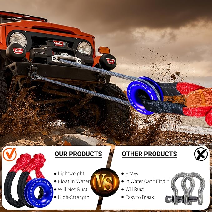 Synthetic Soft Shackle Rope 1/2 x 22 Inch Red Recovery Tow Shackles with Blue Recovery Ring 56,000lbs Breaking Strength Offroad Soft Shackle Recovery Kit for Off-Road Winch and Vehicle Towing