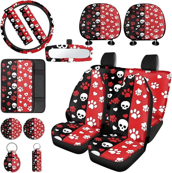Dog Paw Print Car Seat Cover Sets Full Set Skull Love Print Front and Rear Car Seat Covers Steering Wheel Cover Safety Belt Pads Headrest Protectors Center Console Pad Keychain
