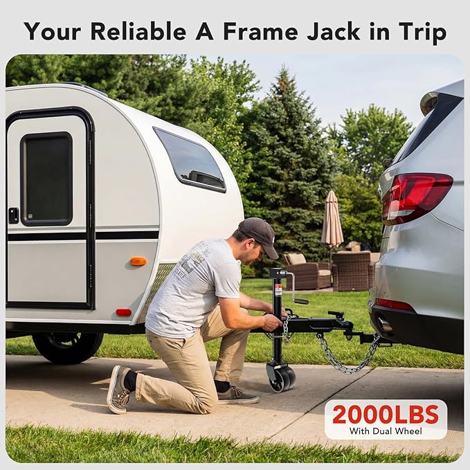 BYERN AUTO A-Frame Trailer Jack, 5000lbs Foot Plate & 2000 lbs Dual-Wheel, 20-24V Cordless Drill Compatible & Hand Crank, 14" Lift, Heavy Duty RV Tongue Jack for Trailer, Utility, Boat, Yacht