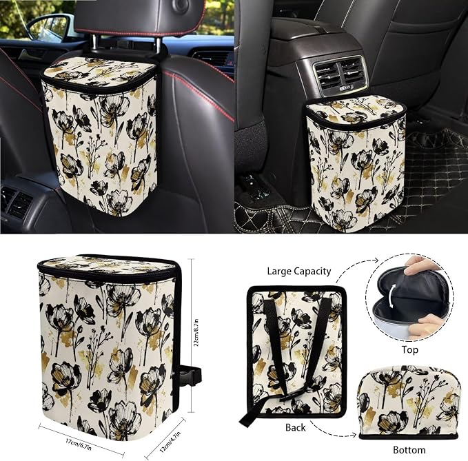 Flower Print Car Seat Cover Full Set Universal & Decorative Front and Rear Split Bench Seat Covers with Steering Wheel Cover Safety Belt Pads Rear View Mirror Protector Keychain