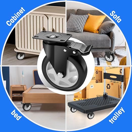 5" Swivel Plate Casters, 1400Lbs Capacity with Brake | Black, 4-Pack, PU Wheels, Double Ball Bearings, Quiet & Non-Marking, for Workbenches & Carts