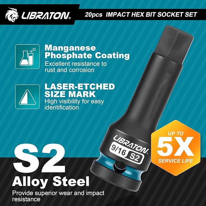 LIBRATON Impact Hex Bit Socket Set, 1/2" Dr, S2 Steel, Metric & SAE 20PCS (H5-H19 & 1/4"-3/4") High Torque Sockets for Professional Mechanics & Automotive Repair (XPE Storage Cases)