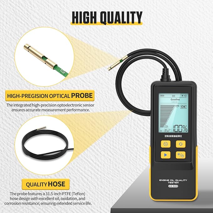 BELEY Engine Oil Tester & Motorcycle Oil Change Kit- Gasoline/Diesel Diagnostic Tool, 31.5in Probe, Temp Test, 2.8in Display (4 Batteries)