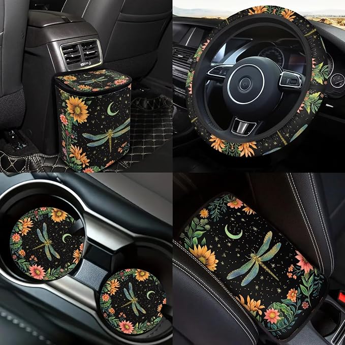 Dragonfly Moon Car Seat Covers Full Set of 18 Pcs Car Interior Accessories Set for Women Dragonfly Flower Car Headrest Covers Auto Seat Belt Pads Steering Wheel Cover Universal Fit