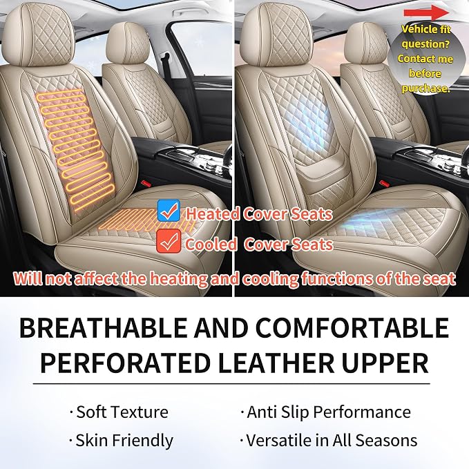 Car Seat Covers Full Set, Beige Leather Seat Covers, Breathable Front and Back Car Seat Protectors, Wear-Resistant Seat Covers Universal Fit for Most Cars SUV Truck (Beige-Diamonds,Full Set)