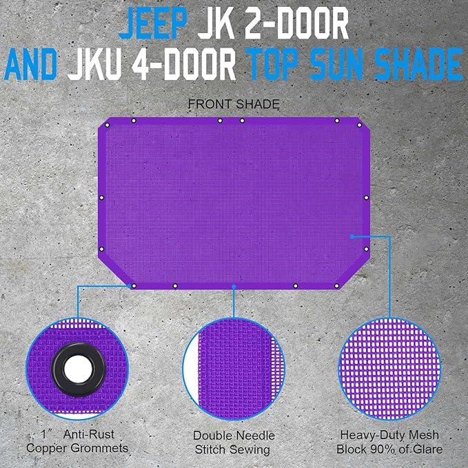 JK Sun Shade Top Compatible with Jeep Wrangler JKU (2007-2018) - Front Mesh Sunshade for Jeep - Blocks UV, Wind, Noise - Bikini JKkini Top Roof Cover for Sport S, Sahara, Rubicon (Purple)