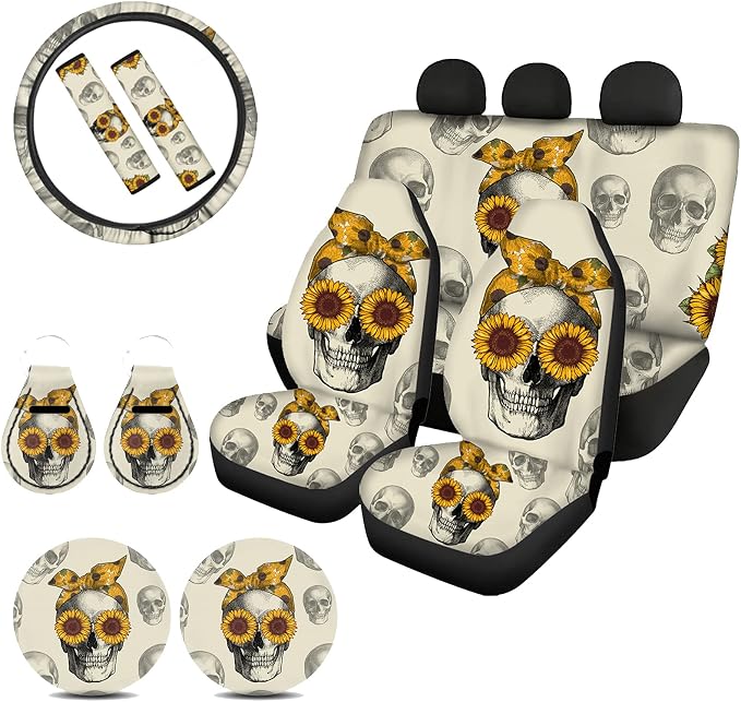 Biyejit Sunflowers Skull Car Interior Decorative Accessories Set of 11, 4 Car Seat Covers with 2 Seat Belt Cover + 2 Keychains + 2 Cup Holders + 1 Steering Wheel Cover for Women Men