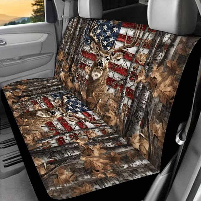 American Flag Reindeer Car Seat Covers Full Set 18 Pieces American Flag Car Interior Accessories Set Steering with Universal Fit Wheel Cover Maple Leaf Print Car Headrest Covers Keychain