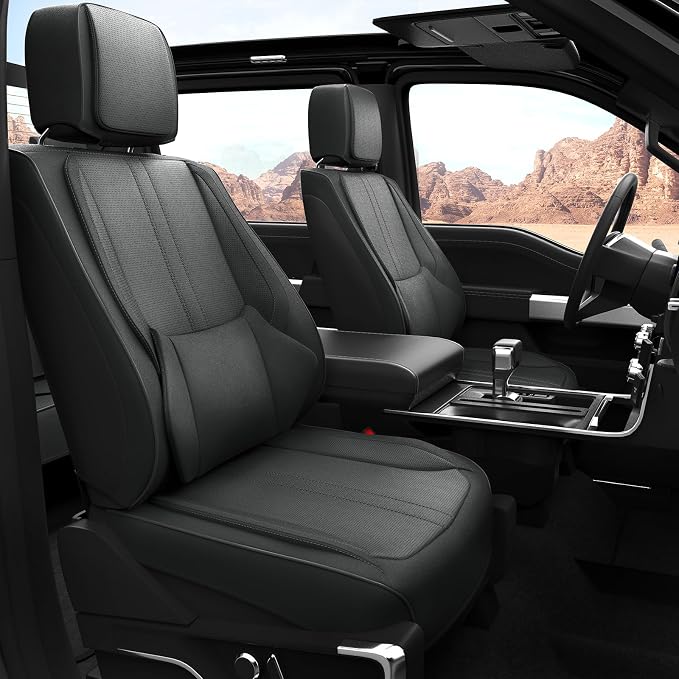 W&PMAX Custom-Fit Seat Covers for Ford F-150 Crew Cab (2015–2025), Full Set Full-Wrap Waterproof Leather Truck Seat Covers, Compatible with Heated & Cooling Seats, OEM Fit – Black