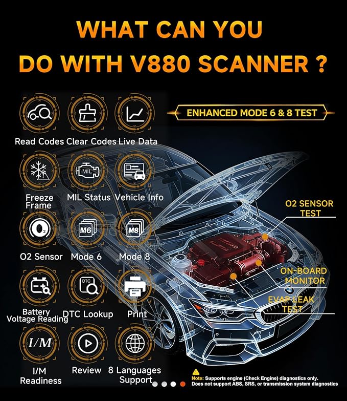 OBD2 Scanner,V880 Car Scanner Diagnostic Tool: Car Check Engine Code Reader with Reset,Live Data & Freeze Frame,Mode 6, Mode 8, OBDII Scan Tool for All OBD II Protocol Vehicles Since 1996