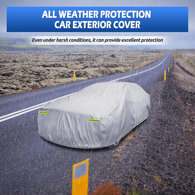 6 Layers Car Cover Waterproof All Weather for Automobiles, Size A4 Universal Fit for Dodge Charger, Lincoln Mkz, Rain Sun Hail Protection with Door Zipper (199-208 inch), Silver