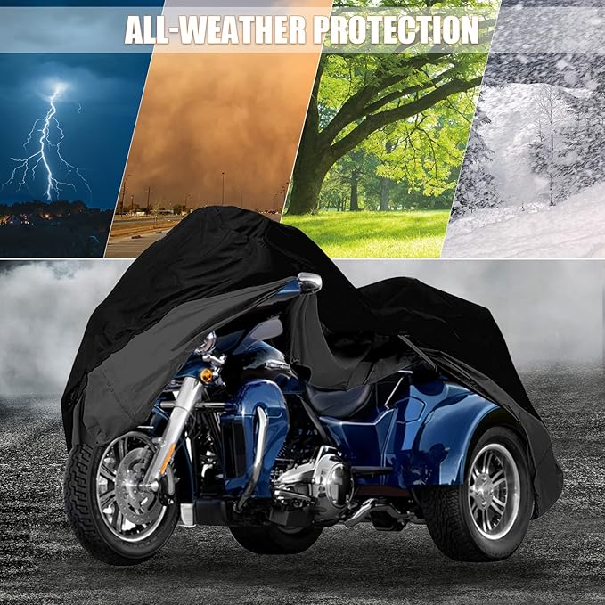 Waterproof Trike Cover Replace for Harley-Davidson and Honda Trike, 420D Oxford Cloth Heavy Duty Trike Cover with Reflective Strips for Snow Rain Dust Hail Protection