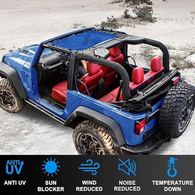 JK Sun Shade Top Compatible with Jeep Wrangler 4 Door 2007 to 2018 Sunshade Sunroof Bikini Cover Blocks UV Wind Noise Blue Mesh for Front