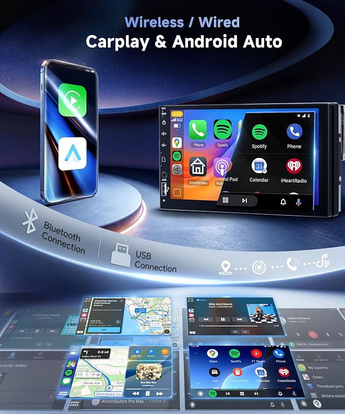 Single Din Car Stereo with Wireless Carplay Android Auto, 7 Inch Touch Screen Car Stereo 1 Din with Backup Camera Car Radio Support Mirror Link Bluetooth 5.0 FM USB EQ Steering Wheel Control
