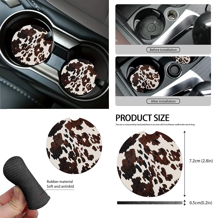 Cow Spot Print 15 Pack Car Accessories Set Car Seat Covers Steering Wheel Cover Seat Belt Strap Pad Rearview Mirror Cover Garbage Cans Air Vent Storage Bag Cup Holder Key Chain