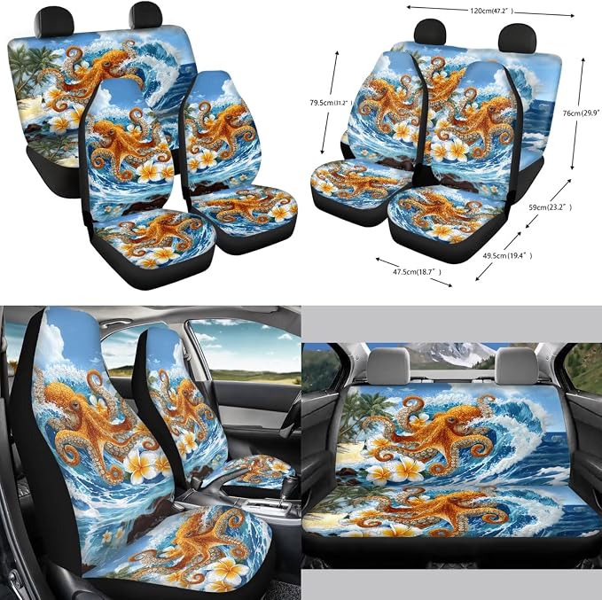 Forchrinse 15Pcs Car Seat Cover Hawaiian Octopus Front Back Seat Protector with Steering Wheel Cover+Seatbelt Pads+Coaster+Handbrake Gearshift Cover+Auto Trash Can for Most Vehicles