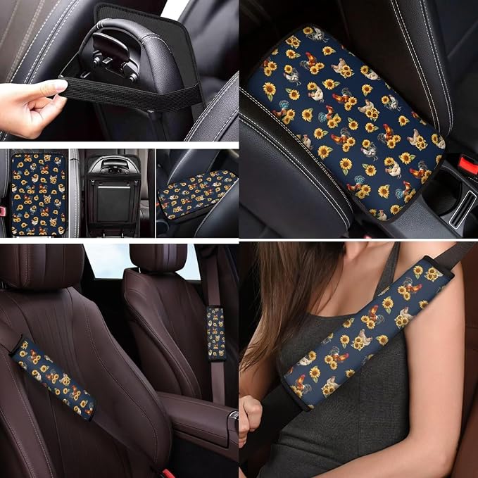 Mumeson Sunflower Rooster Car Seat Covers + 2 Pack Soft Car Seatbelt Covers Shoulder Cushion + Steering Wheel Covers Sweat Absorption + Car Armrest Cover Center Console Mats 8 Pack Set
