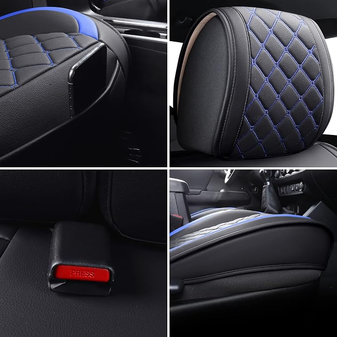 Tomatoman Tacoma Seat Covers Compatible with Toyota Tacoma 2005-2023 2024 2025 2026 SR V6 TRD Sport Extended Access Cab Truck Waterproof Faux Leather(Full Set, Black-Blue)