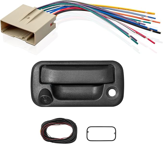 RED WOLF Tailgate Handle Reverse Backup Camera w/Car Stereo Wiring Harness Replacement for 2004-2014 Ford F150, 2008-2016 F-250/F-350/F450/F550 Pickup