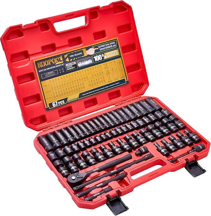 67-Piece 3/8” Impact Socket Set, SAE & Metric, CR-V & CR-Mo, Shallow/Deep/Swivel Sockets, Ratchet, Extension Bars & Adapters, Heavy-Duty Socket Set for Mechanics