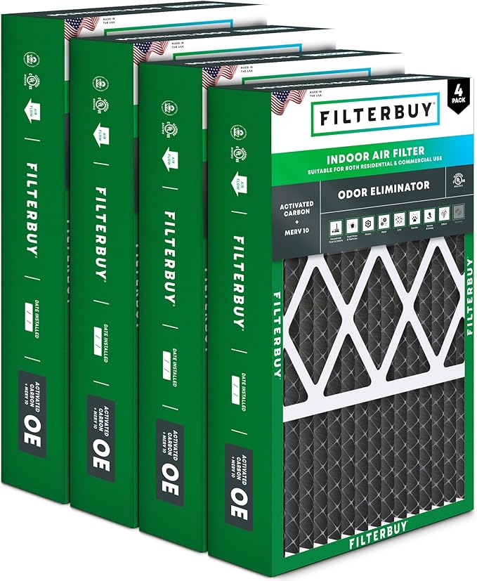 Filterbuy 16x25x5 Air Filter MERV 10 Odor & Allergy Defense with Activated Carbon (4-Pack), Pleated HVAC AC Furnace Filters for Honeywell, Lennox, and More (Actual Size: 15.75 x 24.75 x 4.38)