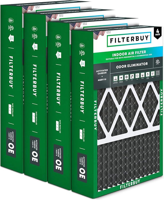 Filterbuy 16x25x5 Air Filter MERV 10 Odor & Allergy Defense with Activated Carbon (4-Pack), Pleated HVAC AC Furnace Filters for Honeywell, Lennox, and More (Actual Size: 15.75 x 24.75 x 4.38)