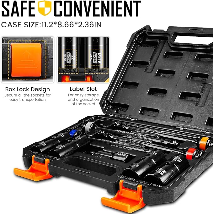 boen 9PCS 1/2" Drive Impact Torque Limiting Extension Bar And Flip Lug Nut Socket Set, 90 to 120 Ft-Lbs (120-160Nm), 8" Length Torque Sticks, Metric & SAE Double-Sided Sockets, Cr-Mo Impact Grade
