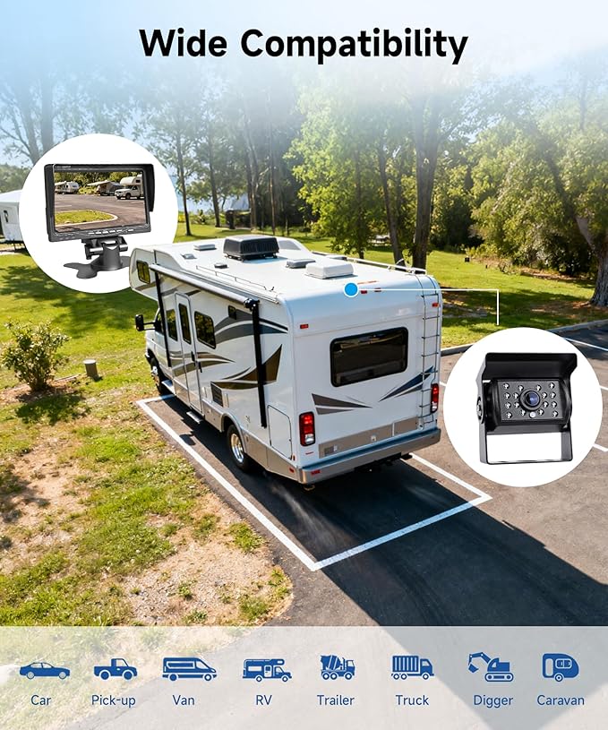 Backup Camera Kit with 7-Inch LCD Monitor, Upriding IP68 Waterproof 18IR Night Vision Rear View Camera for Trailer RV Camper Truck Pickup Bus, +32ft Extension Cable, DIY Guidelines(12V-24V)