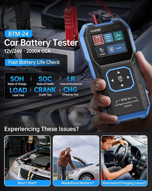 FNIRSI BTM-24 Car Battery Tester 12V 24V, 0-2000 CCA Automotive Alternator Tester, Battery Life Voltage Internal Resistance Charging Load Cranking Analyzer for Car SUV Pickup Truck ATV Motorcycle Boat