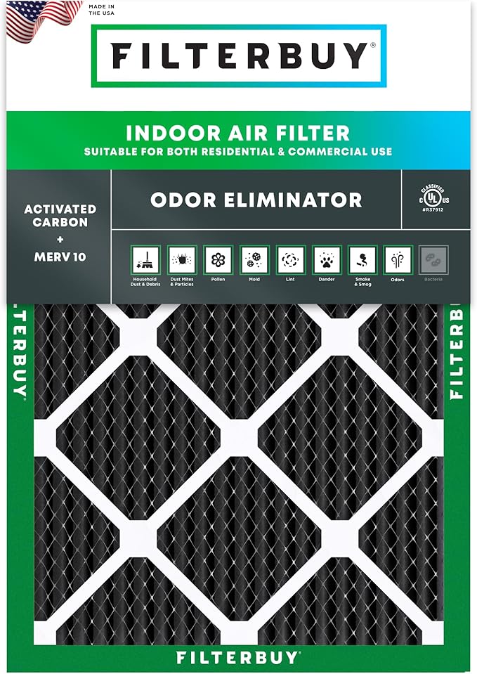 Filterbuy 18x25x1 Air Filter MERV 10 Odor & Allergy Defense with Activated Carbon (1-Pack), Electrostatic Pleated HVAC AC Furnace Filters Replacement (Actual Size: 17.50 x 24.50 x 0.75)