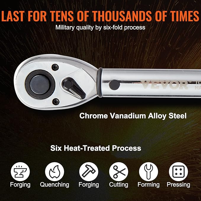 VEVOR 1/2-inch Drive Click Torque Wrench, 10-150ft.lb/14-204n.m Mechanical Dual Range Scales, Dual-Direction Adjustable with Adapters Extension Rod