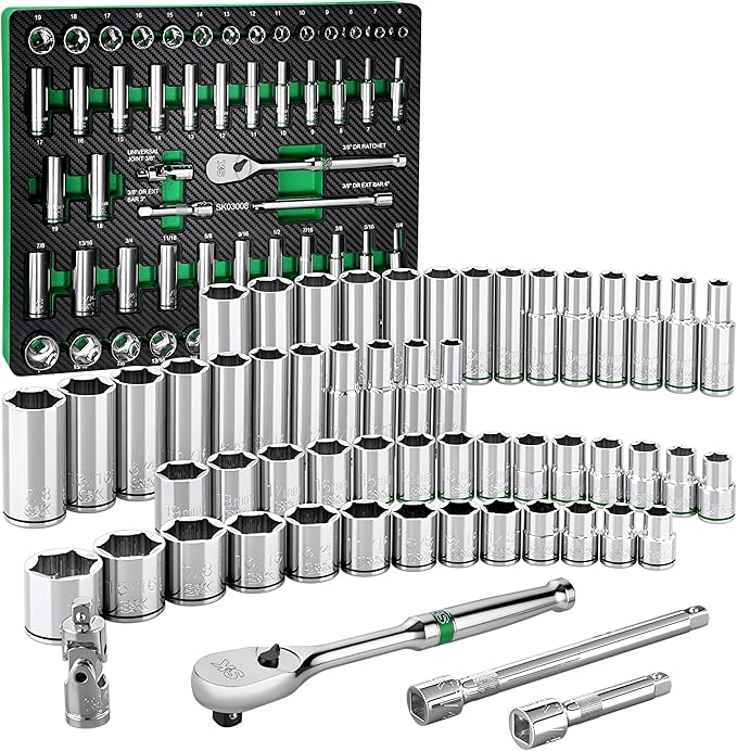 SK 3/8" Drive Socket Set with 90-Tooth Ratchet, 56-Piece, SAE & Metric, SuperKrome Finish, Premium CR-V Construction, with EVA Foam Tool Organizer