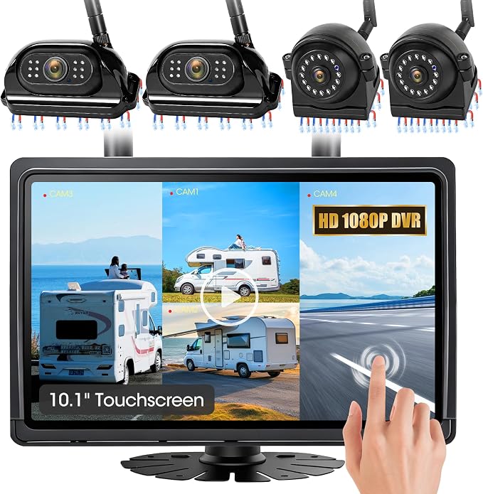10.1" - 4 Magnetic Wireless RV Backup Camera System, 1080P DVR Touchscreen Rear Side Cameras for Monitoring, Compatible with Furrion Pre-Wired Plug, Night Vision Camera for Trailer Truck, A24