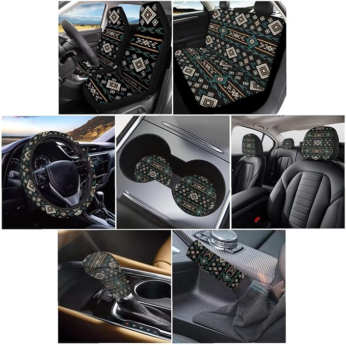 Wanyint Car Seat Cover Set 11 PCS for Men Women, with Soft Breathable Steering Wheel Headrest Cover Handbrake Gear Shift Knob Cover Coasters, Southwest Aztec Black Blue