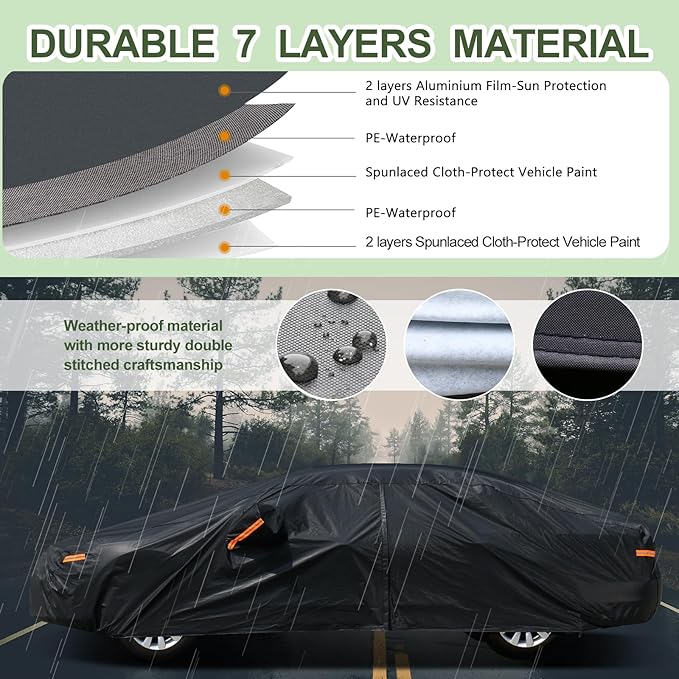 SEAZEN 7 Layers Car Cover Waterproof All Weather, Heavy Duty Car Cover for Automobiles with Zipper Full Exterior Cover Outdoor UV Snow Wind Protection, Universal Full Car Cover for Sedan Up to 200"