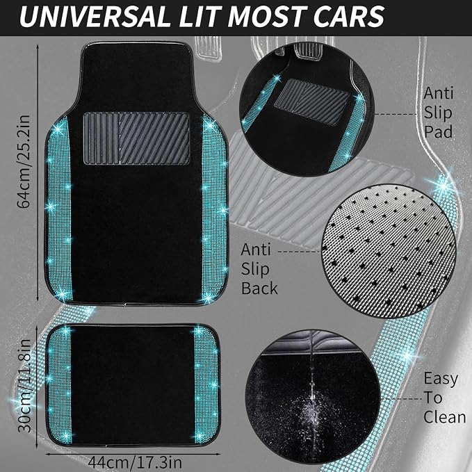 NBTEPEM Bling Car Floor Mats Full Set and Steering Wheel Cover, Universal Fit Most Cars, 4 pcs Sparkle Glitter Diamond Carpet, 5 pcs Bling Car Accessories Set for Women (Aquamarine Diamond)