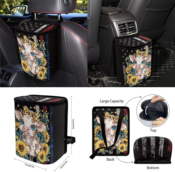 Cow Sunflower American Flag Pattern Front and Back Seat Protector, Steering Wheel Cover Seat Belt Pads Trash Can Air Vent Storage Bag Keychain Universal Fit Most Cars Sedans