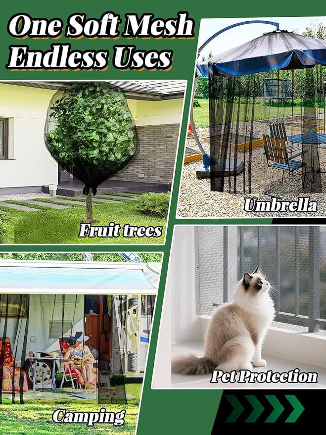 40x10ft Large Mosquito Net - Mesh Netting for Garden Skin and Plants Protection, Patio Bird Bug Screen, Black