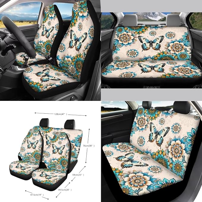 Butterfly Boho Mandala Print Car Seat Cover Sets Car Steering Wheel Cover Seat Belt Cover Trash Bin Air Vent Storage Box Front Rear View Mirror Car Cup Holder Keychain 15Pcs Car Accessories