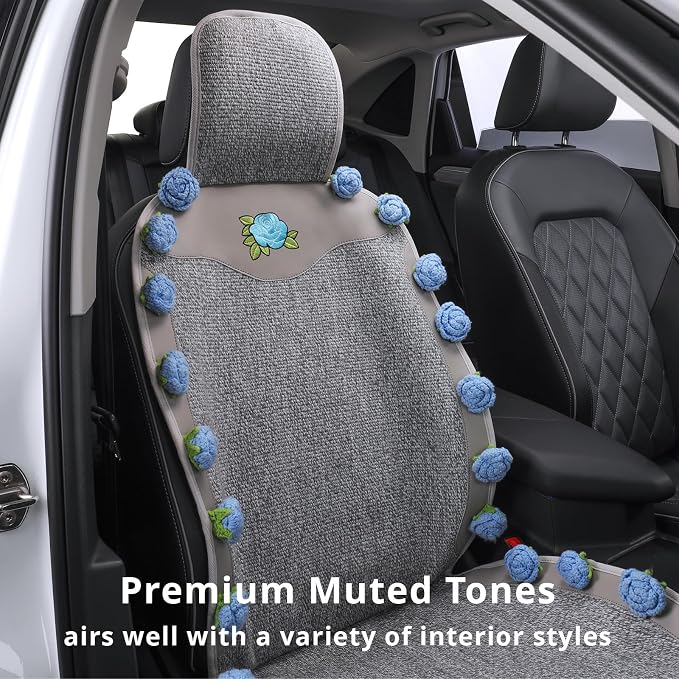 Universal Car Seat Covers,Handmade Floral Grey&Blue Rose Cushion,Leather&Cotton Blend,Cute Interior Seat Cover for Cars,SUVs & Trucks,Car Accessories Gift for Women (1-Piece)