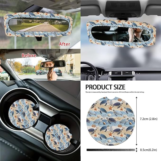 Sea Turtle Print Car Seat Covers Full Set Shell Starfish Print Car Seat Covers Front and Back Full Set with Steering Wheel Cover Armrest Cushion Safety Belt Pads Garbage Bag Coasters