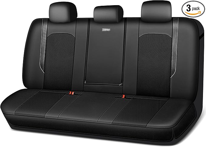 CAR PASS Faux Leather High Back Rear Seat Covers Only, Sporty Waterproof Anti-Slip Airbag Compatible Universal Fit for Most Sedans Trucks Vans SUVs, Rear Black