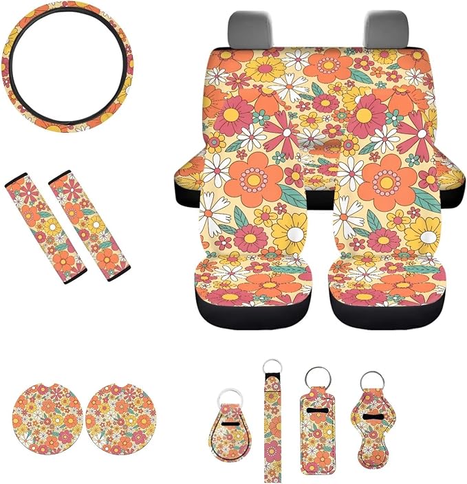 Aesthetic 70s 80s Groovy Hippie Daisy Flower Print Car Accessories Car Seat Covers Full Set with Steering Wheel Covers+Seat Belt Pads+Coasters+Keychain+Lipstick Holder Universal Fit(13 Pack)