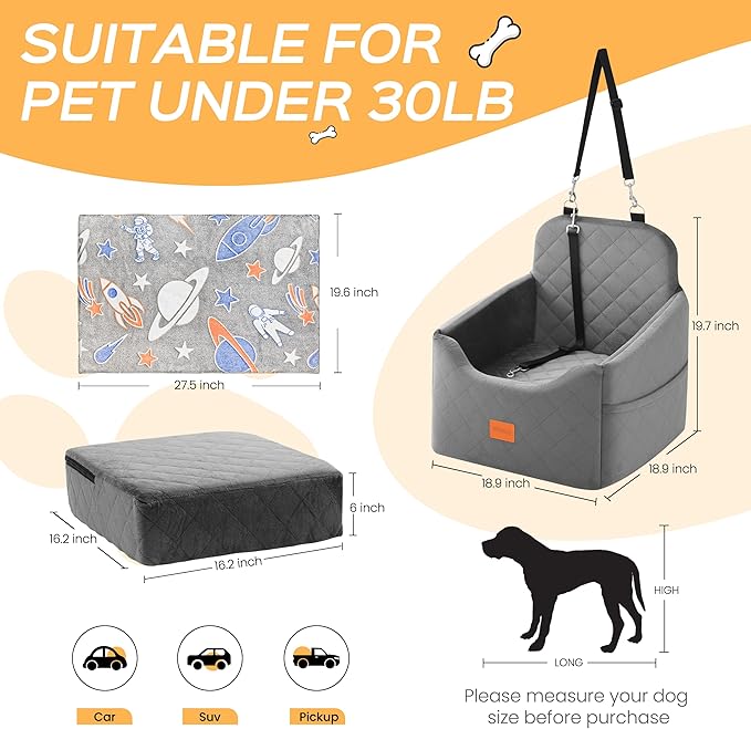 Dog Car Seat for Small Dog with Washable Mat, Memory Foam Booster Seat for Dogs Under 30lb, 6" Elevated Pet Seat with Pockets, Anti-Slip Bed for Car, Perfect for Front & Back Seats with Safety Leash