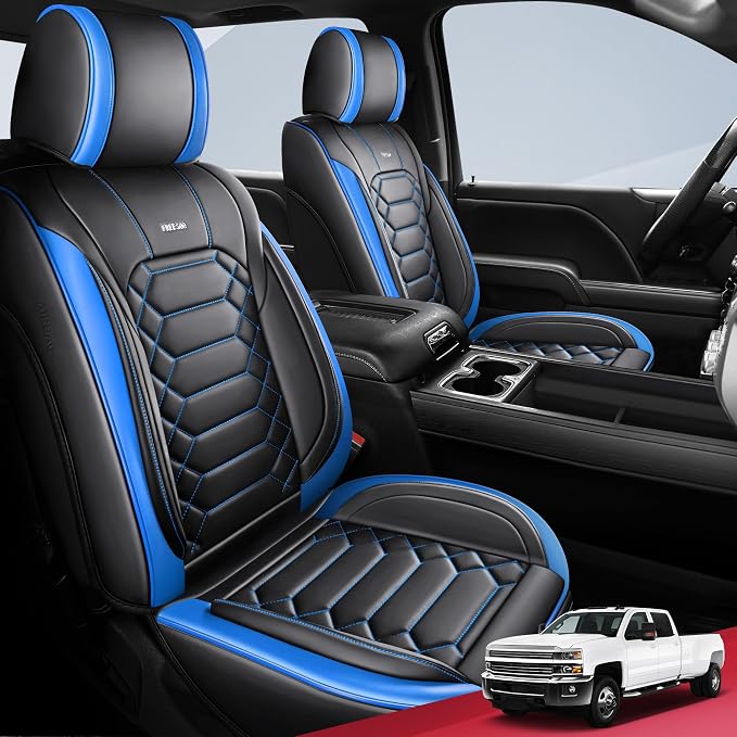 FREESOO for Silverado 2014-2018 Faux Leather Full Set Seat Covers, Fit for Chevy Silverado GMC Sierra 1500 2500 3500 Crew Cab Waterproof Truck Seat Covers BlackBlue