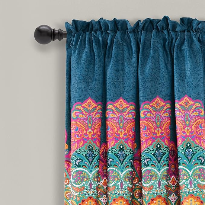 Lush Decor Boho Chic Light Filtering Window Curtain Panels Pair 52" W x 63" L +2" Turquoise & Navy - Colorful Curtains for Living Room - Maximalist Decor