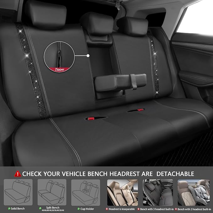 CAR PASS Diamond Bling Leather Seat Covers Set Car Floor Mats Glitter Rhinestone Steering Wheel and Car Interior Accessory Set for Women Black