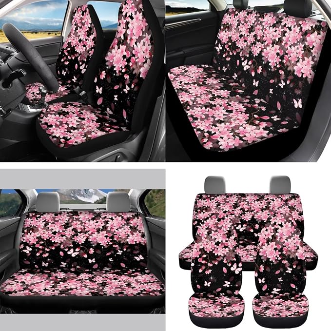 15 Pcs Cherry Blossoms Car Seat Cover Full Set for Women with Car Steering Wheel Cover Seat Belt Cover Trash Bin Front Rear View Mirror Car Cup Holder Keychain