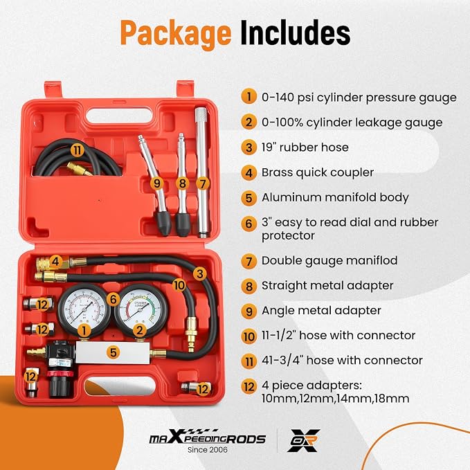 maXpeedingrods Cylinder Leak Down Tester Kit, Gasoline Engine Compression Tester, Dual Gauge Leakdown Detector Tool Set for Pressure Check & Leakage Rate Test, with Extension Rod